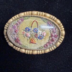 Floral Basket Hand-Painted Oval Brooch in Gold